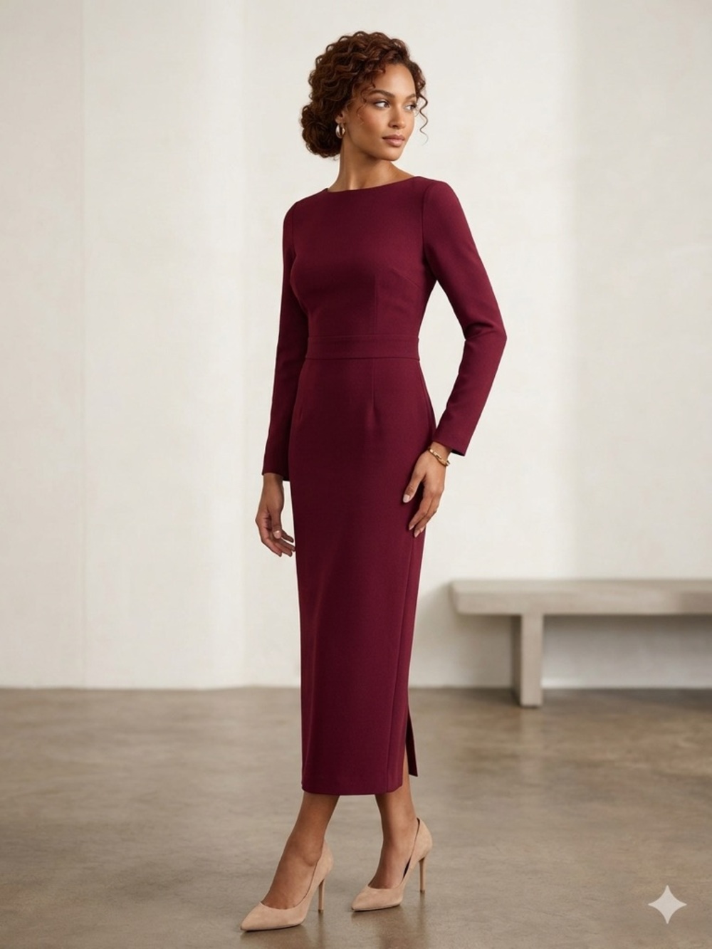 Dress The Population Long Sleeve Midi Sheath Dress in Burgundy